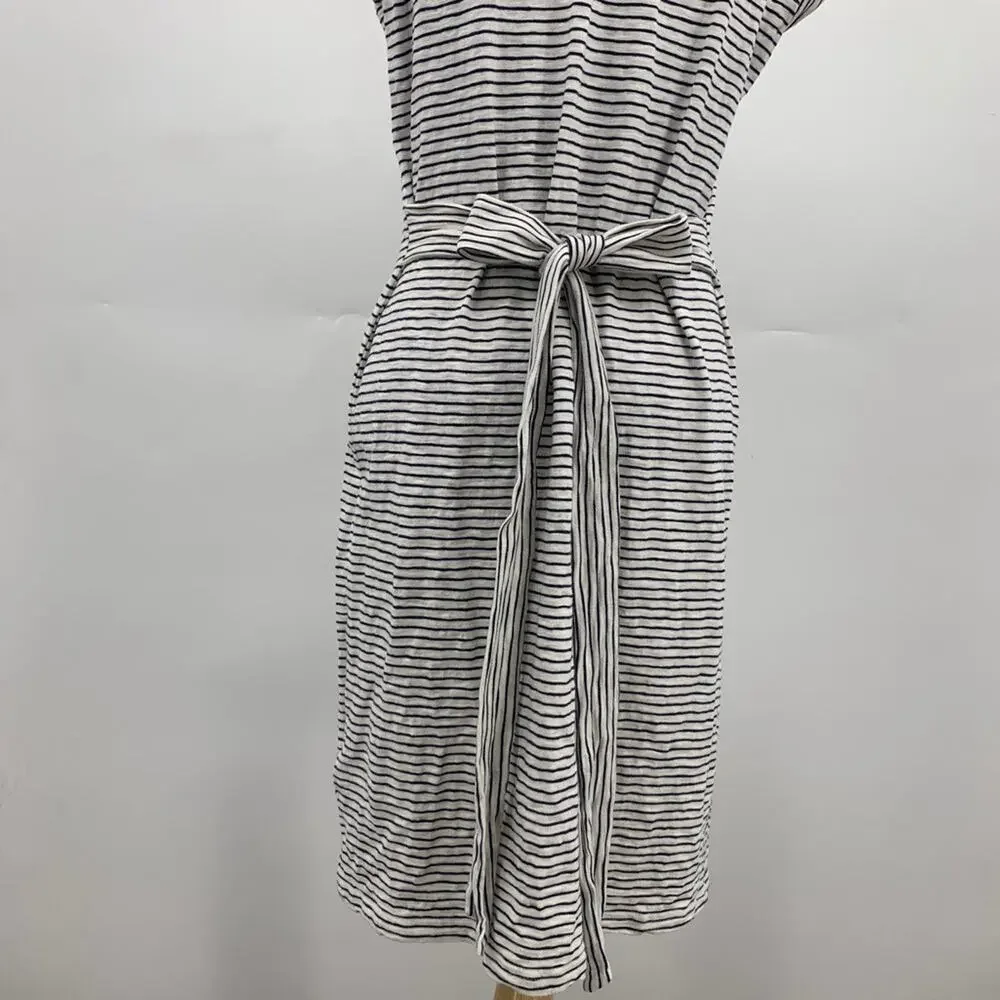 J Crew Dress Womens S Small White Navy Cotton Striped Tie Waist Crew Neck Mini